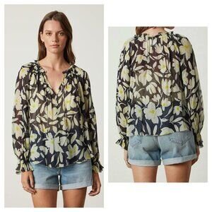 Velvet by Graham and Spencer Miley Long Sleeve Floral Blouse Navy Blue Yellow M